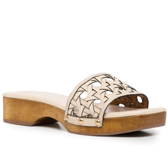 Tory Burch $298 Basket-Weave Clog Sandals New Cream Calf Leather 9 - Picture 4 of 7